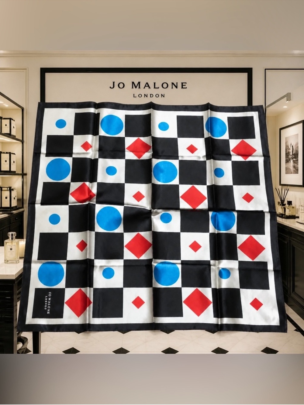 Jo Malone Black, White, Blue & Red Geometric Scarf - Picture 2 of 2